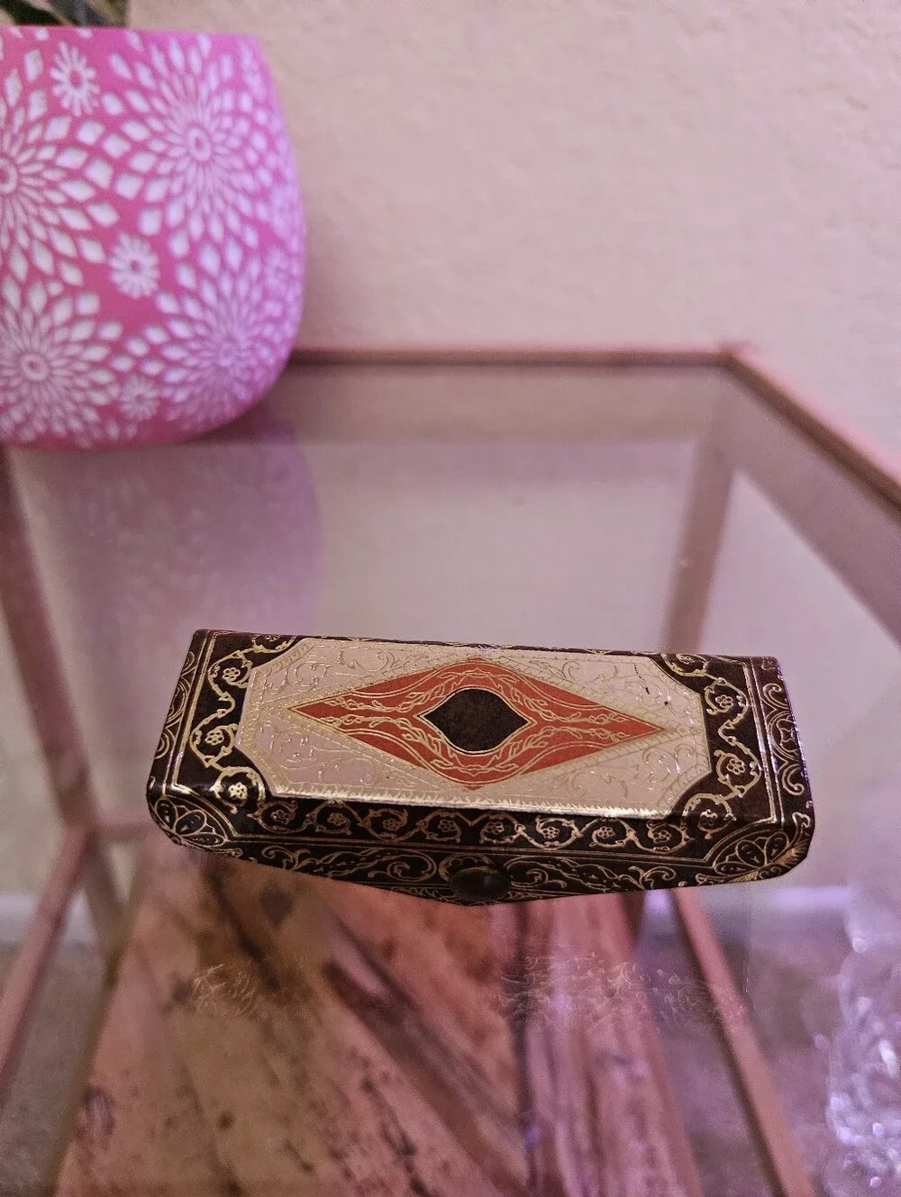 Antique made in Italy lipstick case holder mirror with Button closure.